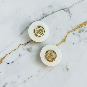 Luxury White/Gold Signature Logo Repurposed Button Earrings 23mm